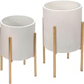 Decorative Flower Pots with Metal Stand for Home Decor - Modern Planters for Hallway, Entryway, and Living Room Decor - Indoor and Outdoor Pots for Plants - Set of 2, 23", 19", White &amp; Gold