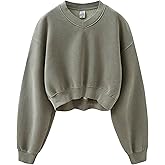 Meladyan Women Casual Cropped Sweatshirt Basic Solid Long Sleeve Fleece V Neck Loose Drop Shoulder Pullover Crop Tops Vintage
