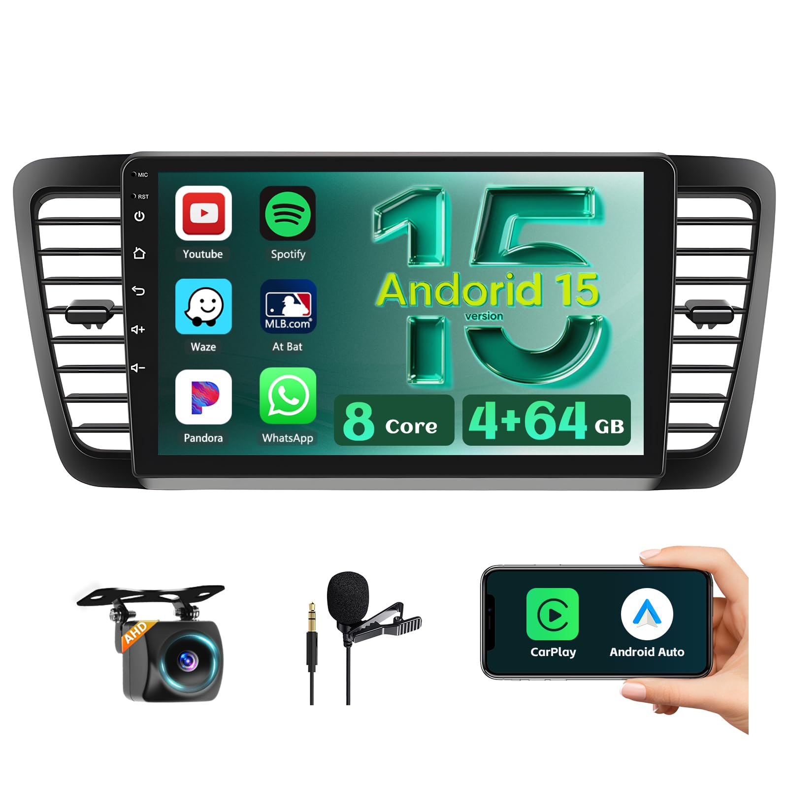 Photo 1 of [8-Core 4+64G] Hikity Android 15 Car Stereo for 2005-2009 Subaru Legacy Outback with Wireless Carplay Android Auto, 9 Inch Touch Screen Radio, Bluetooth GPS WiFi 32EQ DSP FM RDS SWC AHD Backup Cam Mic