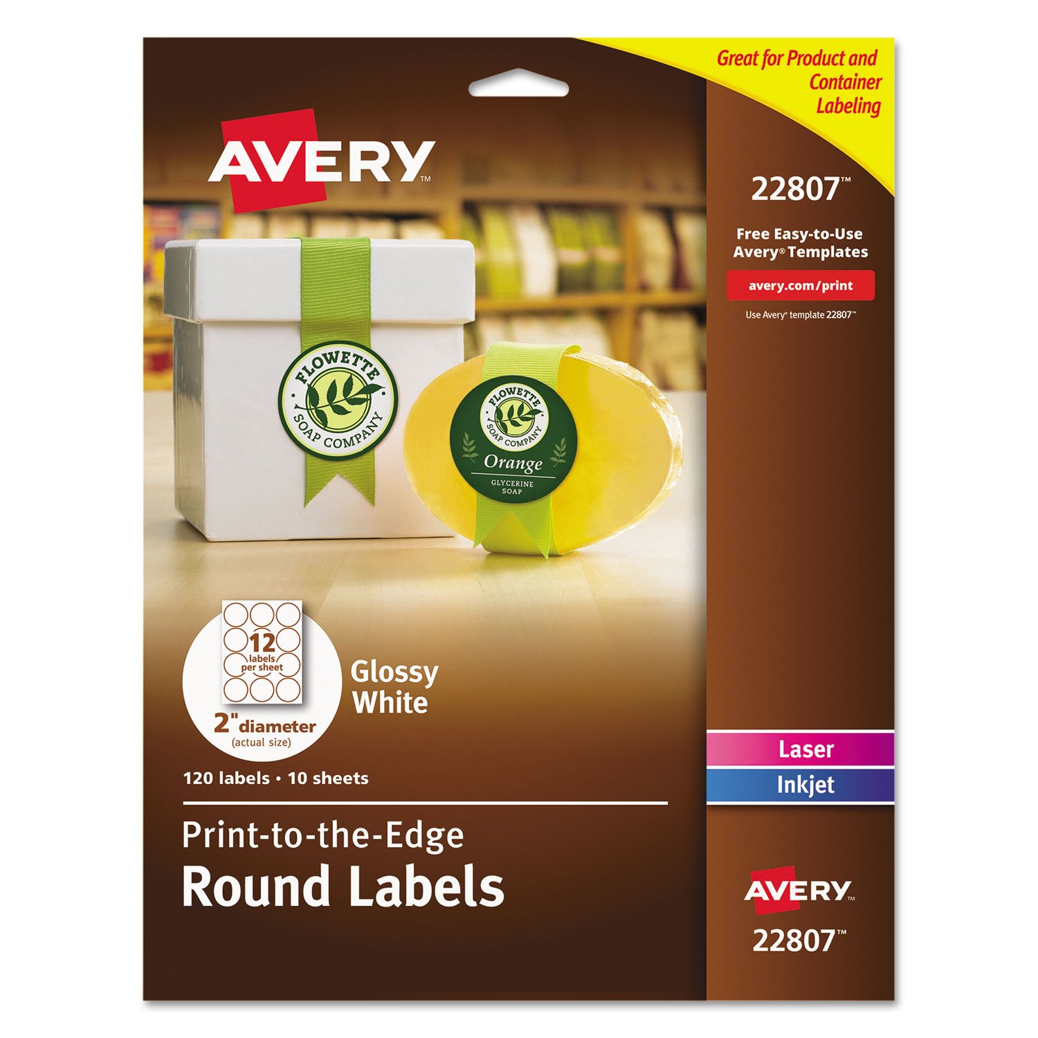 Avery® Printable Round Labels, Sure Feed® Technology, Glossy White Labels, 2" Diameter, Permanent Adhesive, Laser/Inkjet, 120 Total (22807)