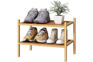 kiplant Small Shoe Rack, 2-Tier Bamboo Wood Shoe Rack for Entryway, Stackable Shoe Organizer for Hallway Closet, Free Standing Shoe Racks for Indoor & Outdoor