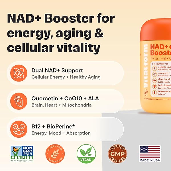 VITALFORM NAD+ SUPPLEMENT WITH NMN & NICOTINAMIDE RIBOSIDE (NR) – ADVANCED CELLULAR ENERGY & HEALTHY AGING COMPLEX – WITH RESVERATROL, COQ10, QUERCETIN & BIOPERINE – 60 VEGAN CAPSULES