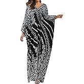Eddoyee Women Animal Print Kaftan Dress Long Sleeve Beach Bathing Suit Cover Ups V-Neck Plus Size Caftan