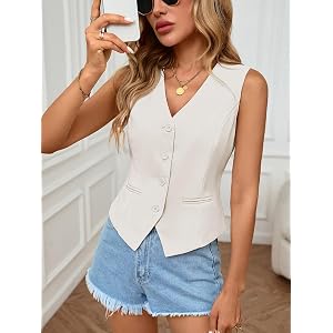 V Neck Button Down Slim Fitted Waistcoat, Vest Tops for Women, Premium Style Sleeveless Vest Cardigan for Work Office
