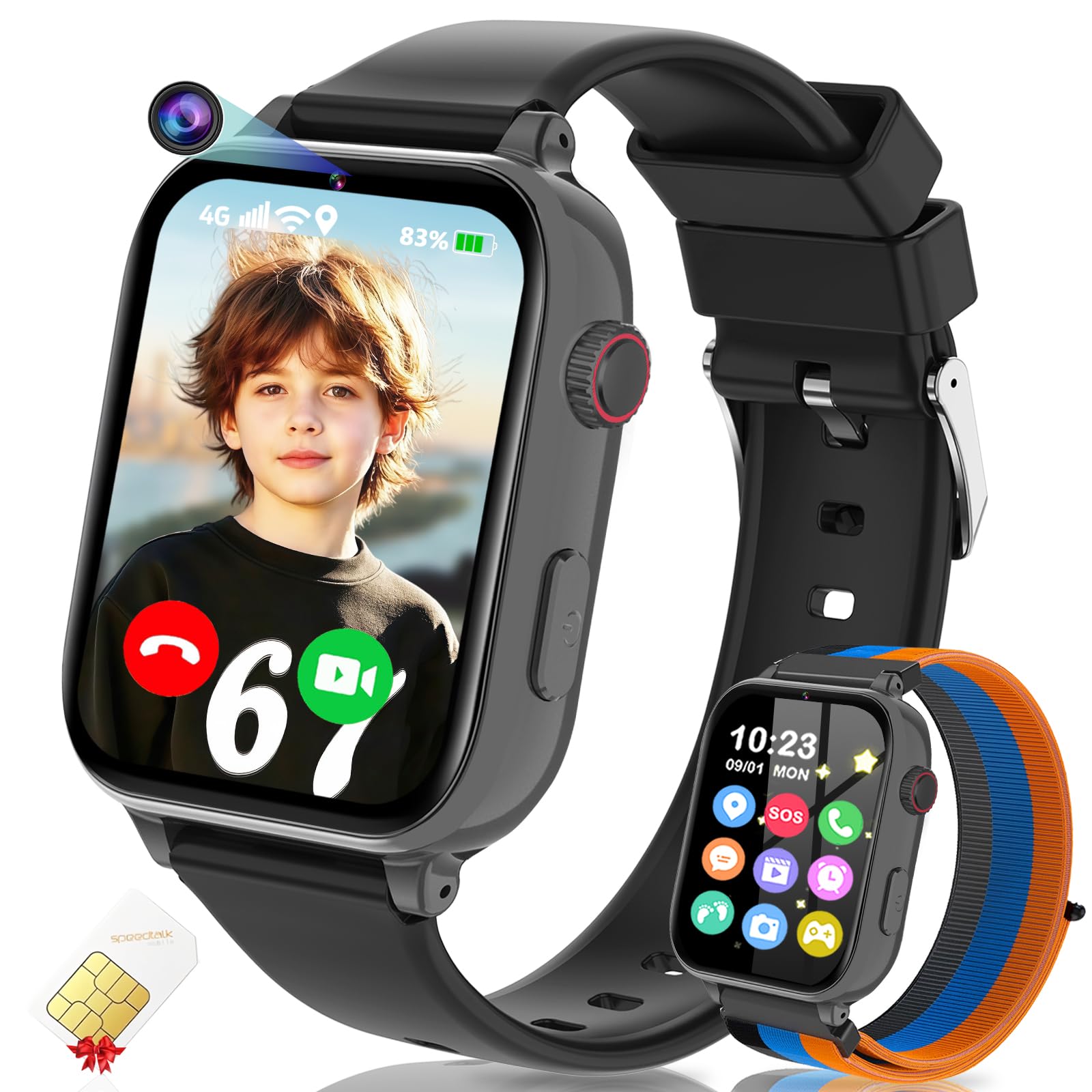 Photo 1 of 4G Kids Smart Watch GPS Tracker, Smartwatch for Kid with Video Calling, Voice Chat, Class Mode, SOS , Pedometer, Alarm, Games, SIM Card HD Touch Screen Phone Watch Gift for 4-12 Girls Boys, Black
