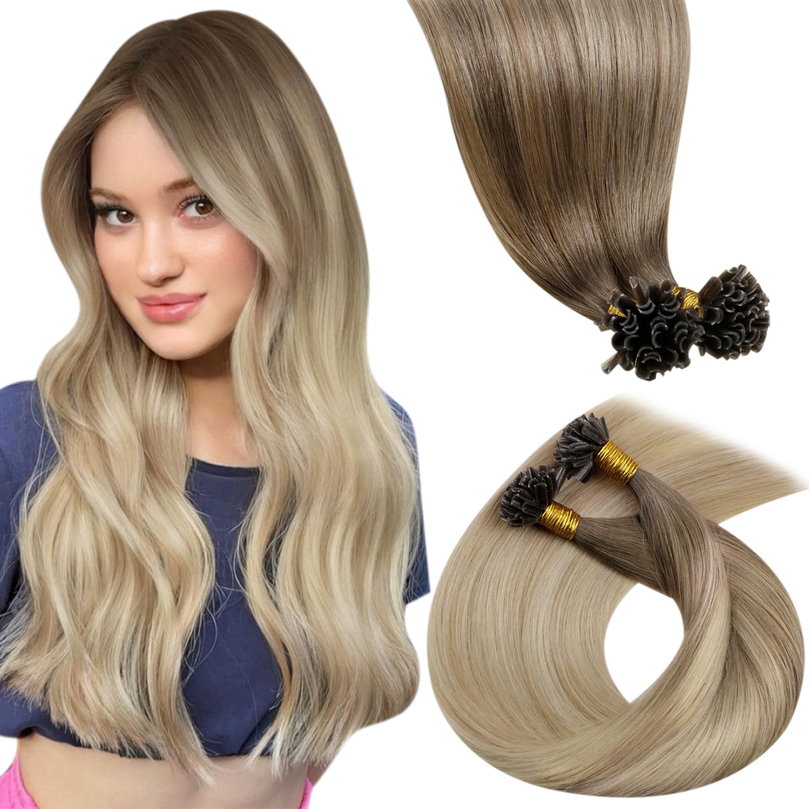 LaaVoo Real Human Hair Extensions U Tip Blonde, Remy Straight Balayage Light Brown to Ash Blonde Real Hair Extensions, Hot Fusion for Invisible & Stable 50s 50g 22 Inch #8/18/60 — image 1