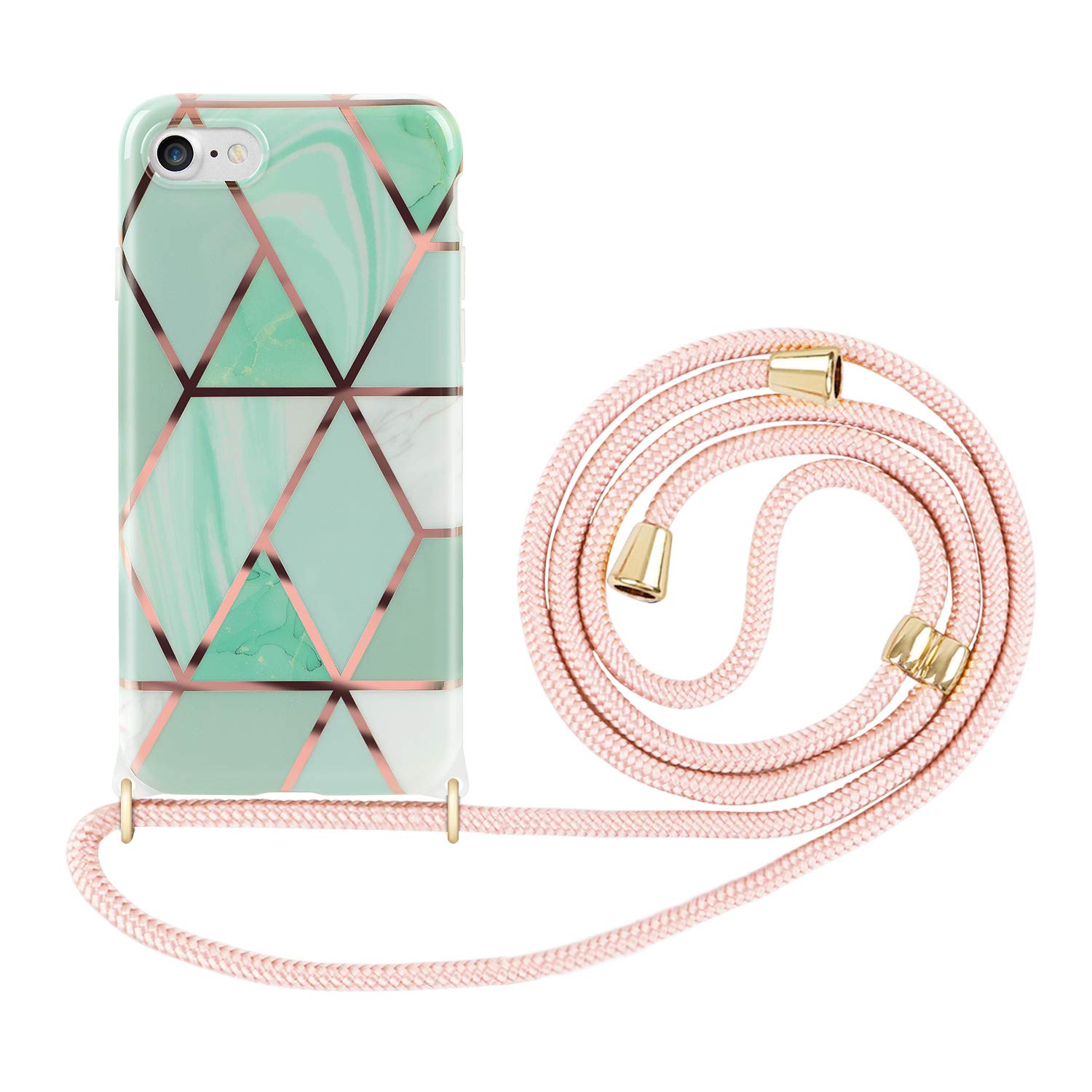 Imikoko Mobile phone chain case for iPhone 7/8/SE 2020 marble glitter necklace (removable) case with cord for hanging around the neck silicone mobile phone protective case with strap - black cord with case for hanging (green)