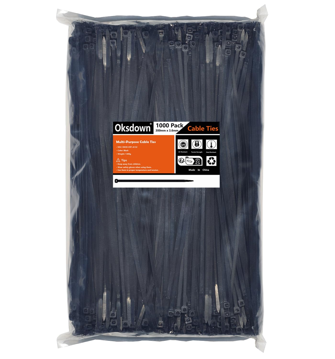 Oksdown 1000 Pack Black Plastic Cable Ties 300mm×3.6mm Heavy Duty Strong Nylon Premium Self Locking 12 inch/30 cm Long Zip Tie Wraps — image 1