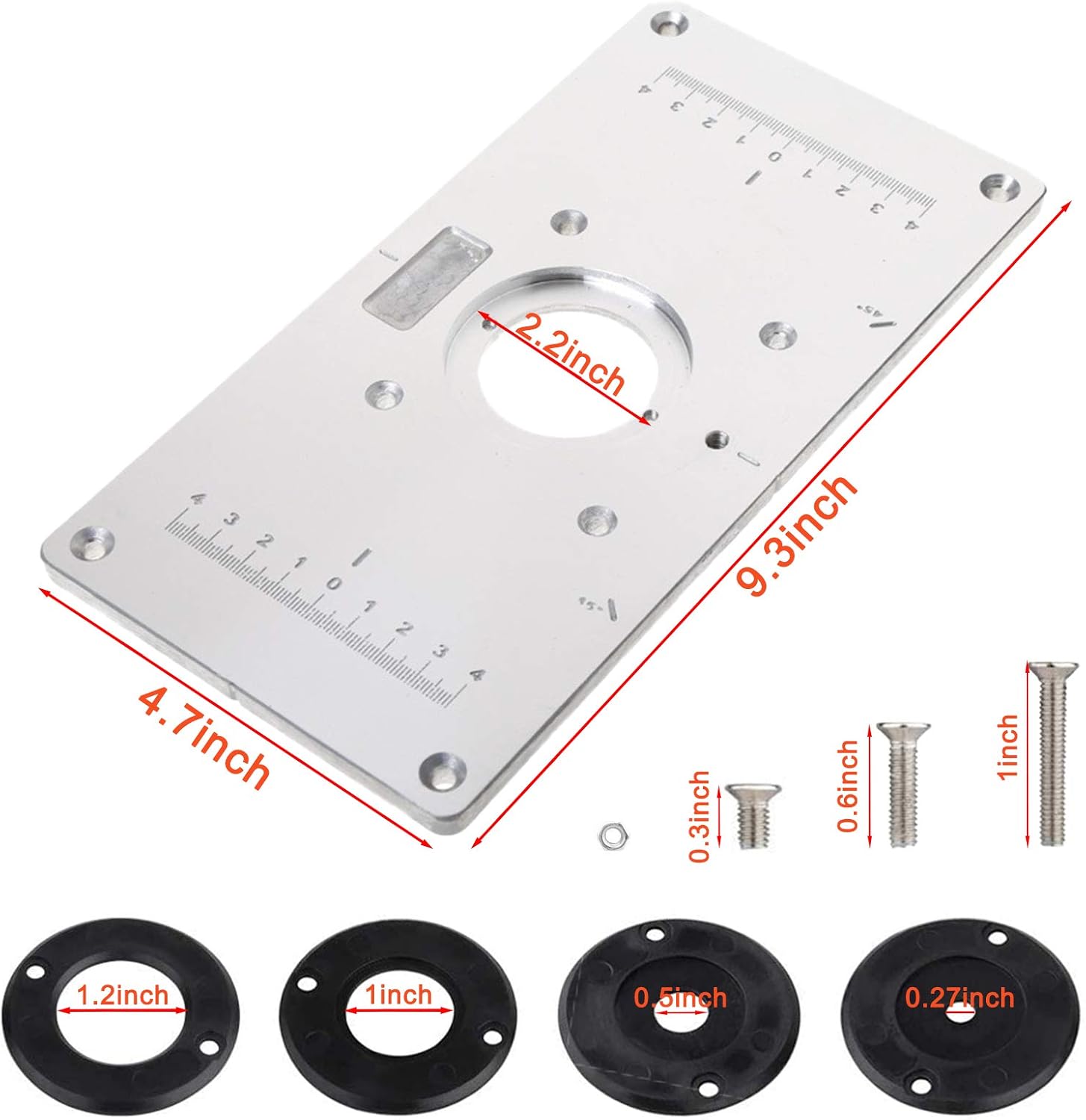 Aluminum Router Table Insert Plate for Popular Trimmers Router DIY Woodworking with 4 Rings and Screws for Woodworking Benches Router Table Plate Mounting Base Plate 9.3x4.7inch - - 