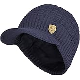 Janey&Rubbins Sports Winter Outdoor Knit Visor Hat Billed Beanie with Brim Warm Fleece Lined for Men and Women