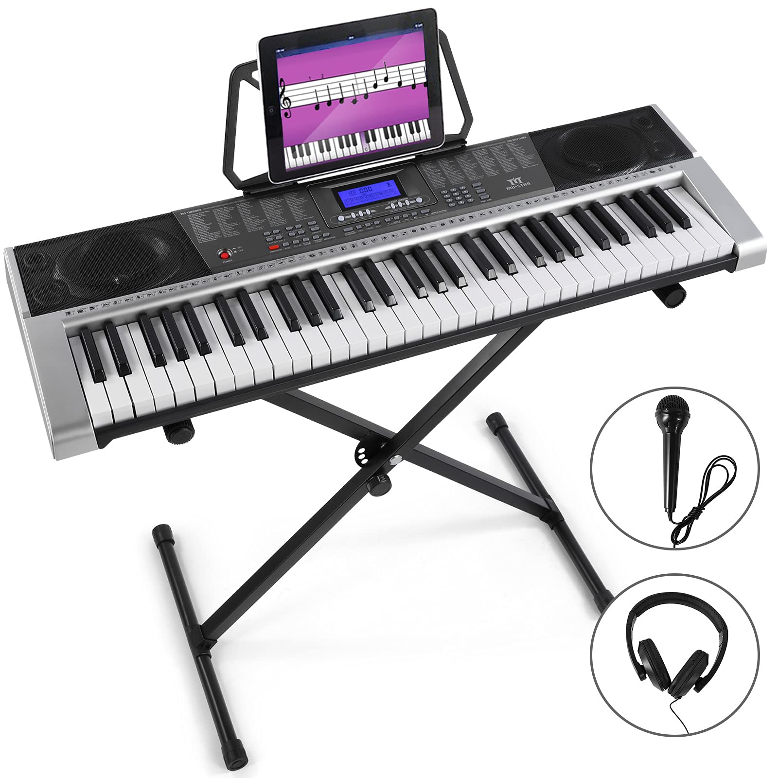 MUSTAR 61 Key Piano Keyboard, MEK-300 Electric Keyboard Piano with Stand, Full Size Keyboards Piano 61 Key for Beginners, LCD Screen, Headphones, Microphone, Power Adapter, Birthday Gifts Image