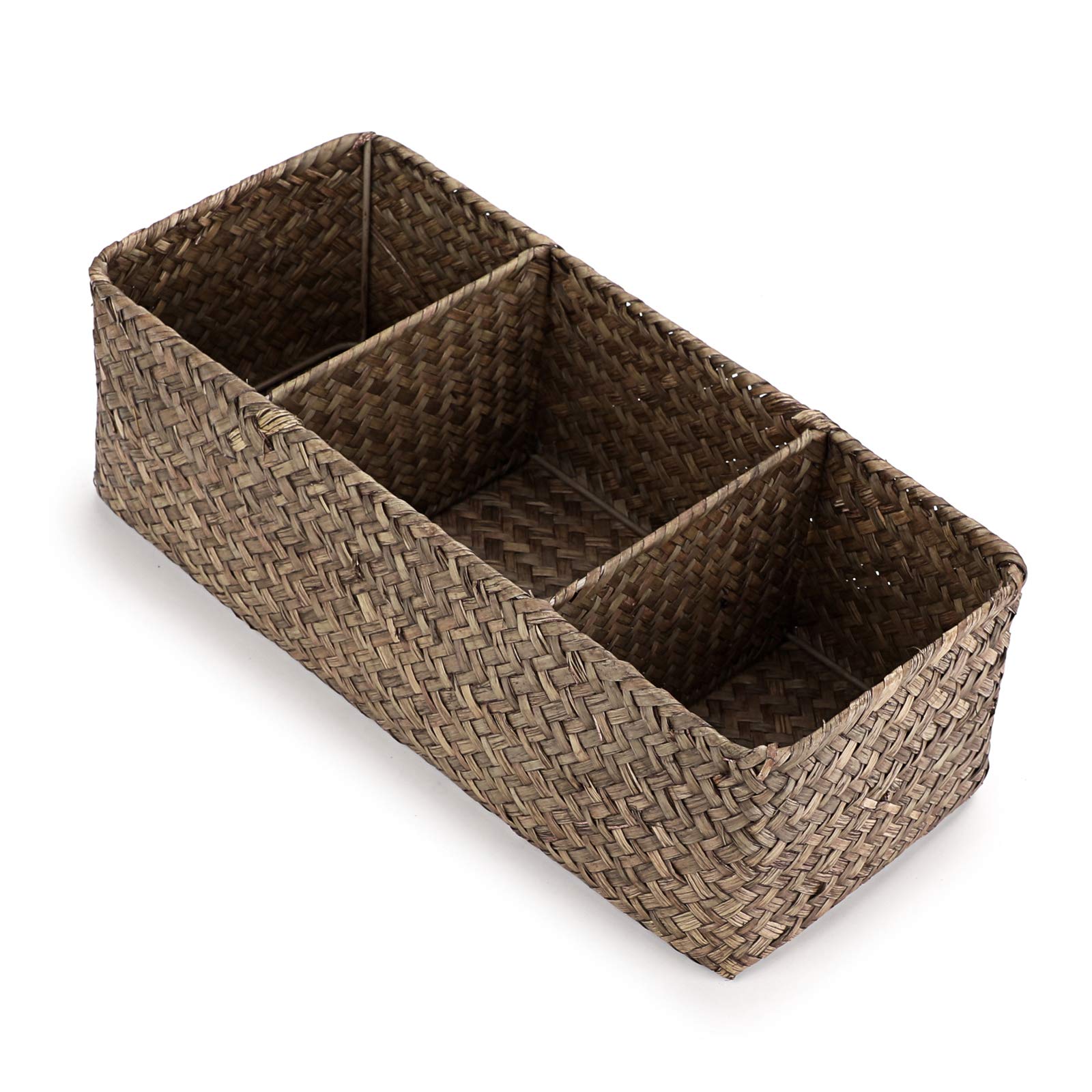 IGNPION 3-compartment Seagrass Storage Baskets Woven Seagrass Desktop Basket Rectangular Organiser Box Shelves & Desks Decorative Basket for Sundries Stationery Toys Cosmetics, Coffee