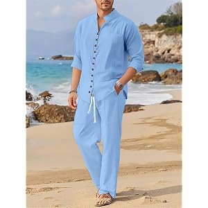 Men's 2pcs Set Stand Collar Long Sleeve Button-Up Shirt And Drawstring Pants Suit, Embroidered Casual Summer Beach Attire