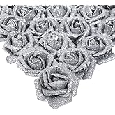 IPOPU Silver Roses Artificial Flowers,25PCS Foam Glitter Roses Glitter Flowers Fake Rose with Stems for DIY Wedding Bridal Bouquet Home Party Christmas Decoration(Silver)