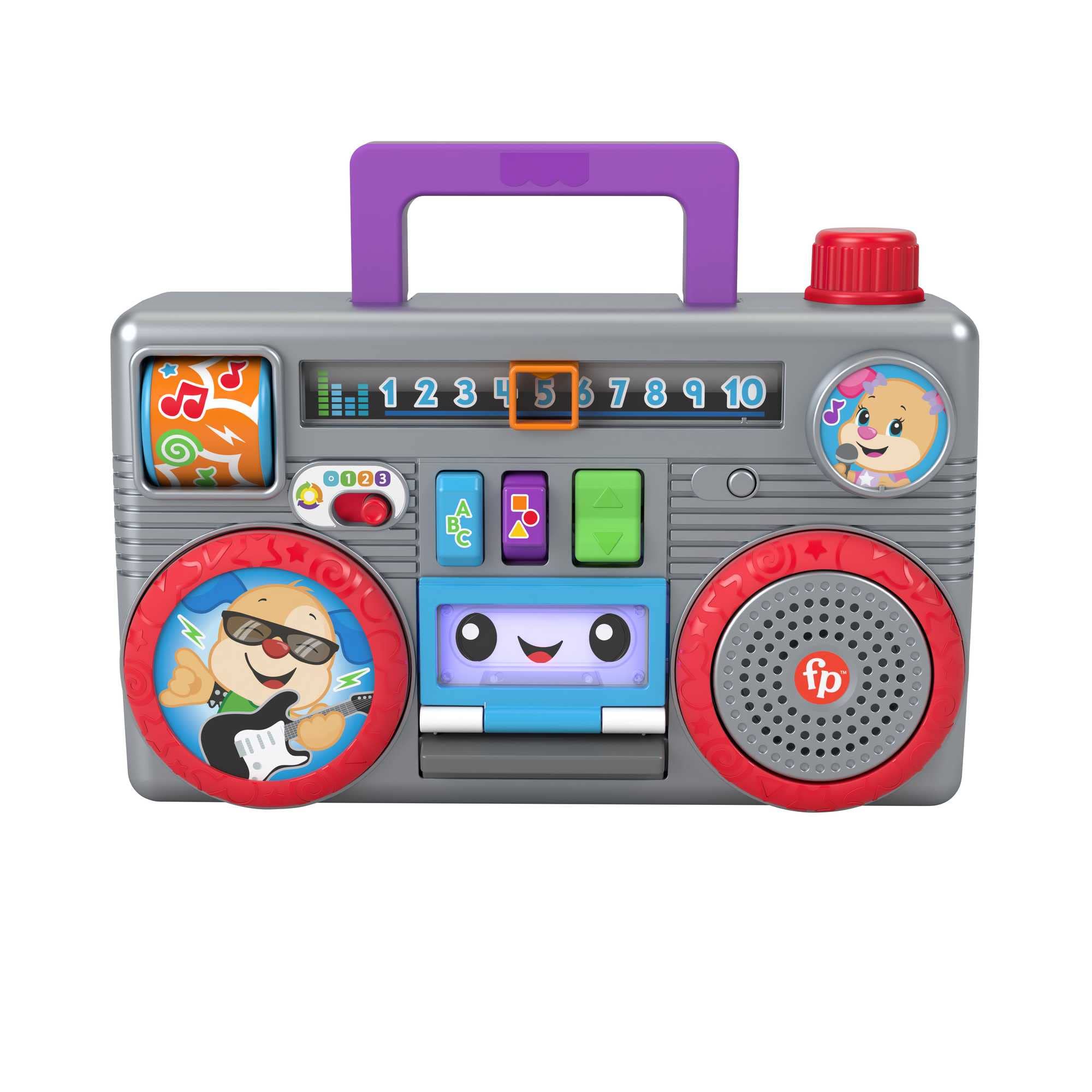 Fisher-Price Laugh & Learn Busy Boombox - UK English Edition, retro-inspired musical infant activity toy with learning content for baby and toddlers, GYC18