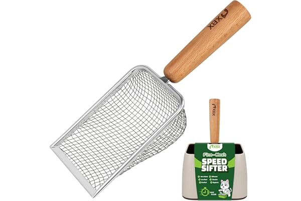 Cat Litter Scoop with Holder – Metal Mesh Litter Scooper, Wooden Handle Fine Litter Scoop with Small Holes for Litter Box, Ef