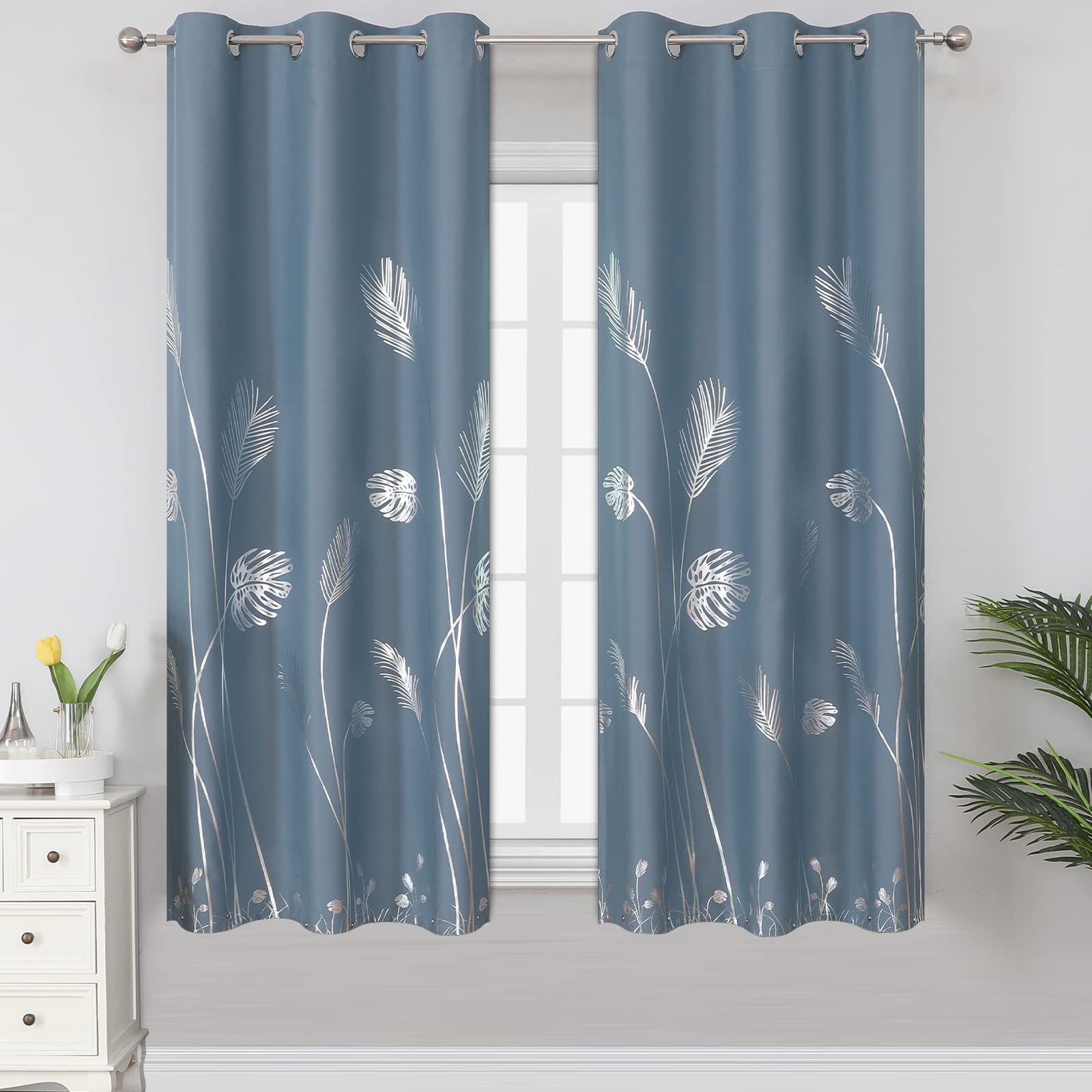 Photo 1 of Estelar Textiler Stone Blue Blackout Curtains for Living Room,Room Darkening Curtains with Silver Palm Tree Pattern, Light Blocking Thermal Insulated Window Drapes for Boys Bedroom,38Wx63L,2 Panels