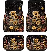 Black Sunflowers Print Floral Car Floor Mats Suitable for Cars SUVs Trucks,All Weather Front & Rear Automotive Floor Mats,Universal Fit Design，4 Pieces