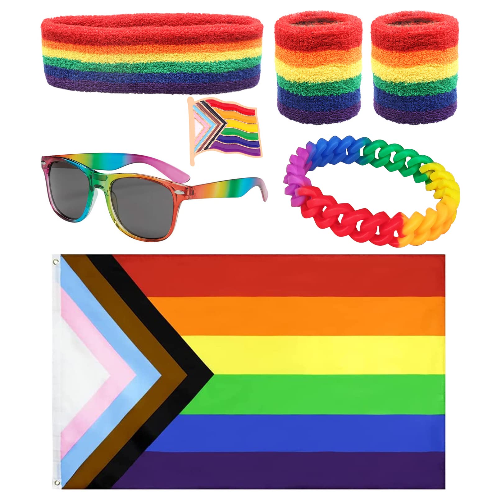 XEPST LGBTQ Accessories - 6PCS Gay Pride Accessories with Pride Rainbow Flag Cape Rainbow Headband Wristbands Sunglasses Pride Bracelet Pride Brooch for Gay Pride Events Pride Month Parades