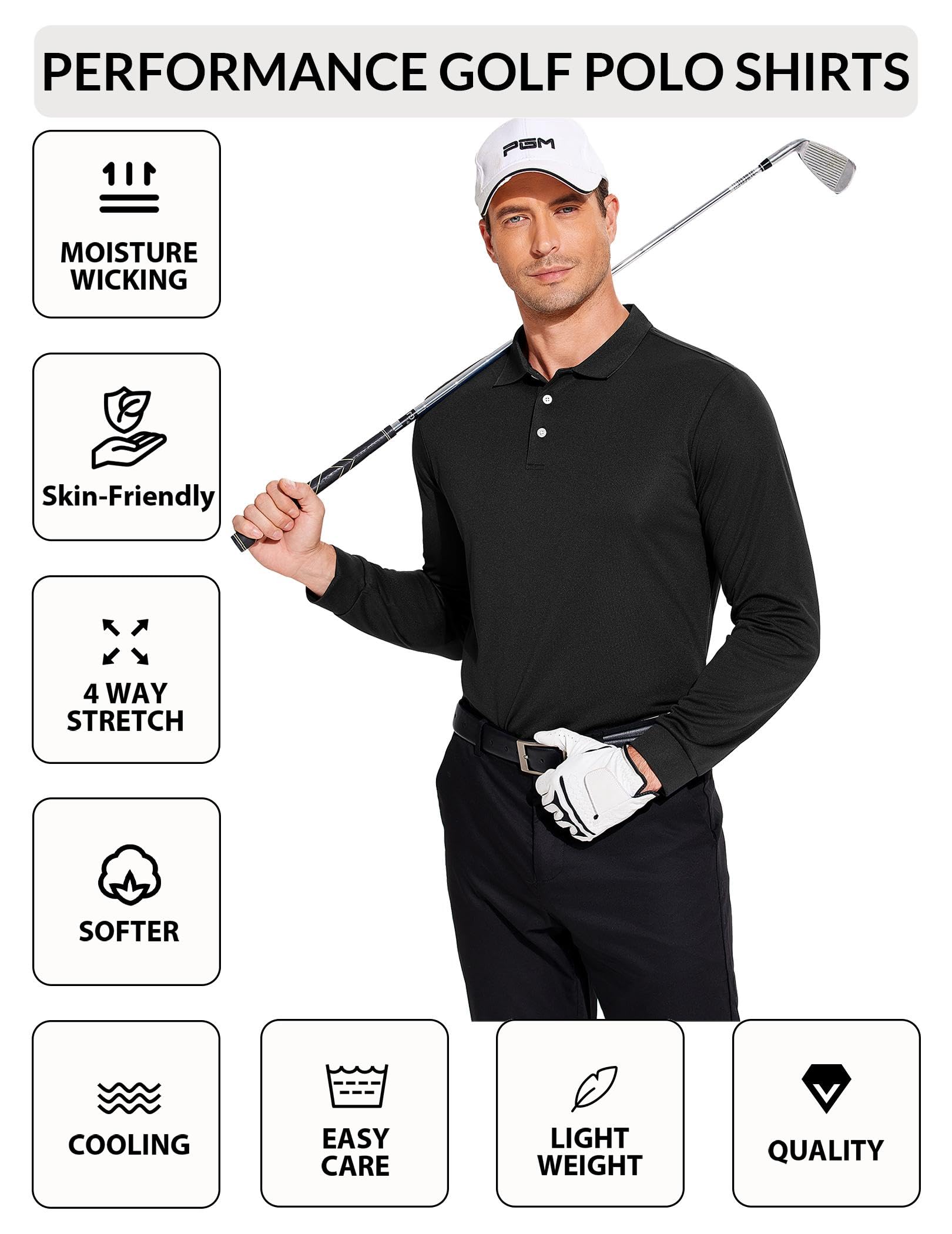 PINSPARK 3 Pack Men's Long Sleeve Golf Polo Shirts Athletic Casual Travel Performance Collar Shirts Lightweight Quick Dry