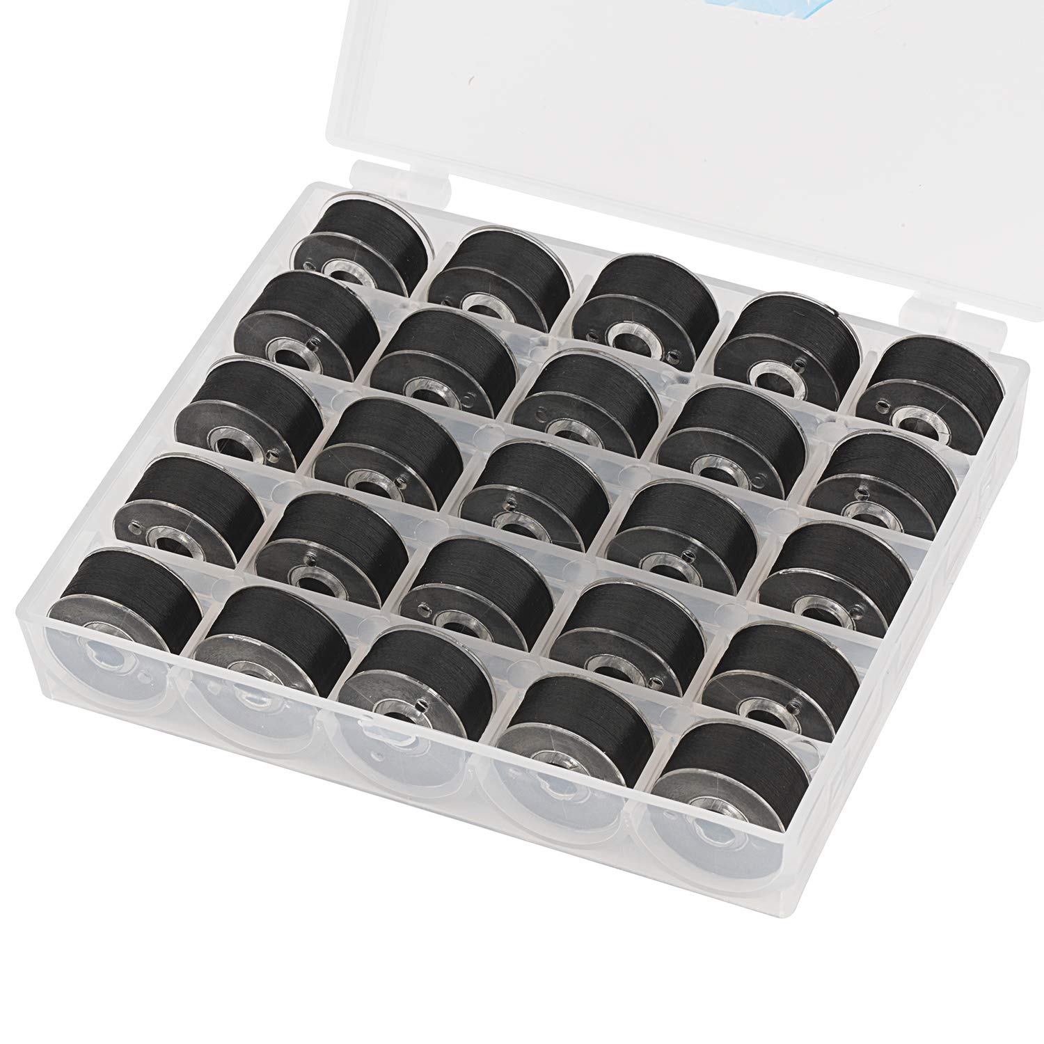 Simthread 25pcs Black Prewound Bobbin Thread Size A Class 15 (SA156) 60WT with Clear Storage Plastic Case Box 70D/2 for Embroidery Thread Sewing Thread Machine DIY