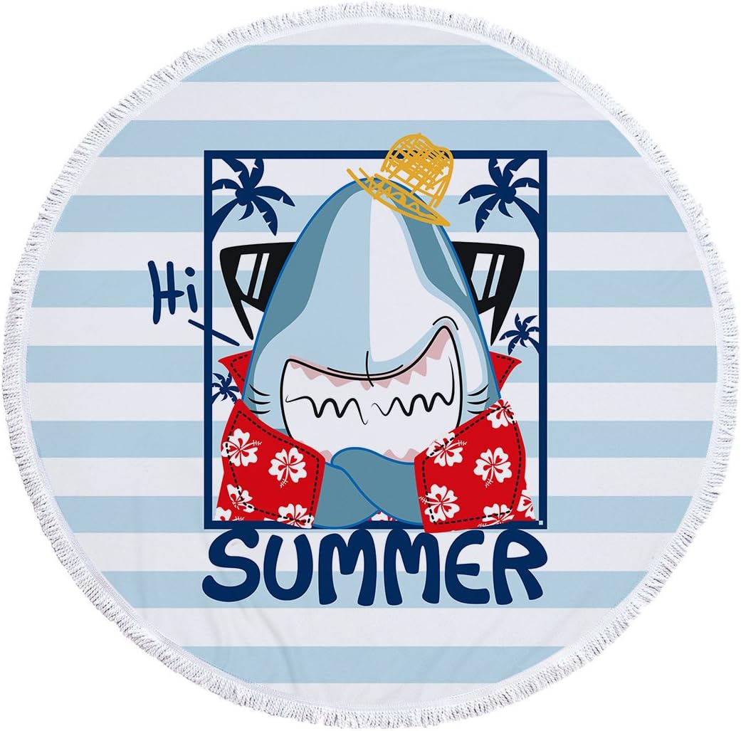 Toalla De Playa Redonda,Azul Lindo Caricatura Tiburón Animal Grueso