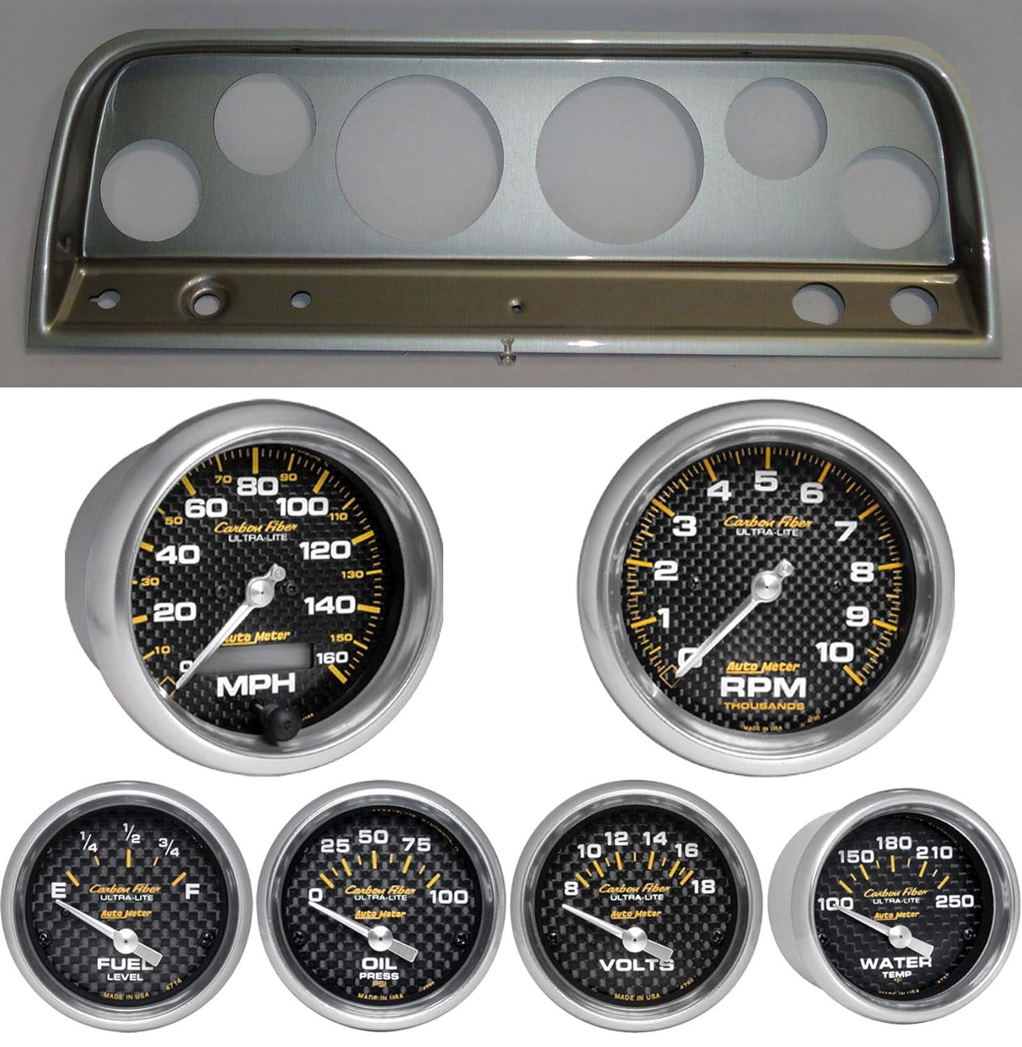 65-66 Chevy Truck Silver Dash Carrier w/Auto Meter Carbon Fiber Gauges
