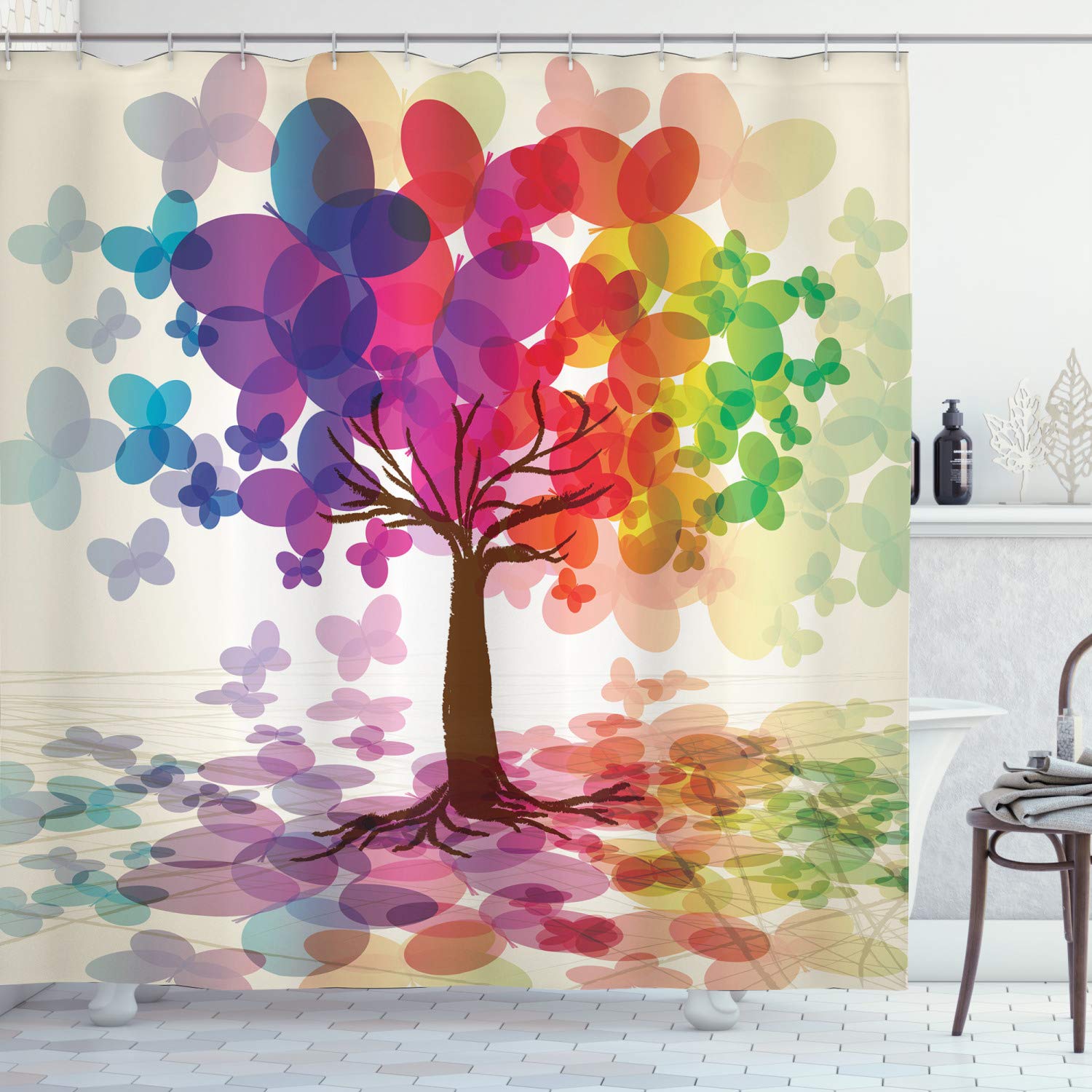 ABAKUHAUS Abstract Shower Curtain, Colorful Blooming Spring Season Tree with Butterflies Pastoral Nature Illustration, Cloth Fabric Bathroom Decor Set with Hooks, 175 x 220 cm, Beige Multicolor