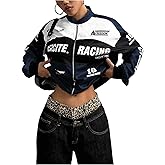 GORGLITTER Women's Racer Car Jacket Y2k F1 Oversized Graphic Coats Racing Varsity Zip Up Lightweight Jackets Streetwear
