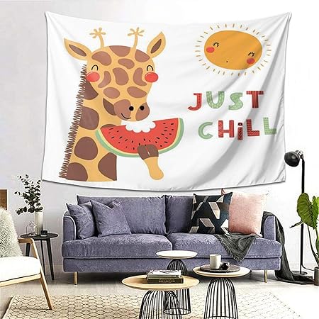 Amazon Co Jp Rosecny タペストリー インテリア 壁掛け 太陽とスイカを食べるかわいい面白いキリンのイラストとちょうど冷やす引用 壁飾り 家 リビングルーム ベッドルーム 部屋 おしゃれ飾り 0ｘ150cm Generic