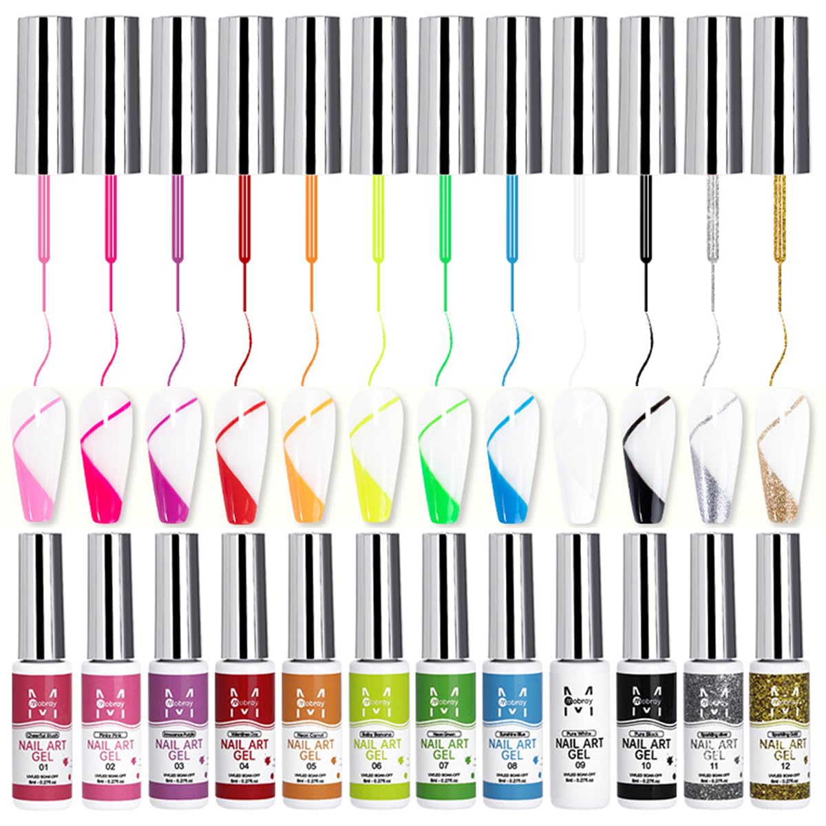 Fcozpjk Nail Art Liner Gel Polish Set, 12 Colors Kit With Neon Pink Green Painting and Thin Brush, Soak off Black White Drawing for French Tips, Wave Swirls Nail Design