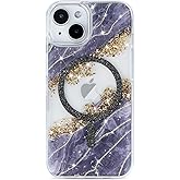 Teayoha Glitter Case for iPhone 13/14, Luxury Shiny Bling Sparkly Phone Cover, Wireless Charge Compatible with MagSafe, Cute Marble 3D Gold Foil Accents Clear Cover for Women, Girls - Black