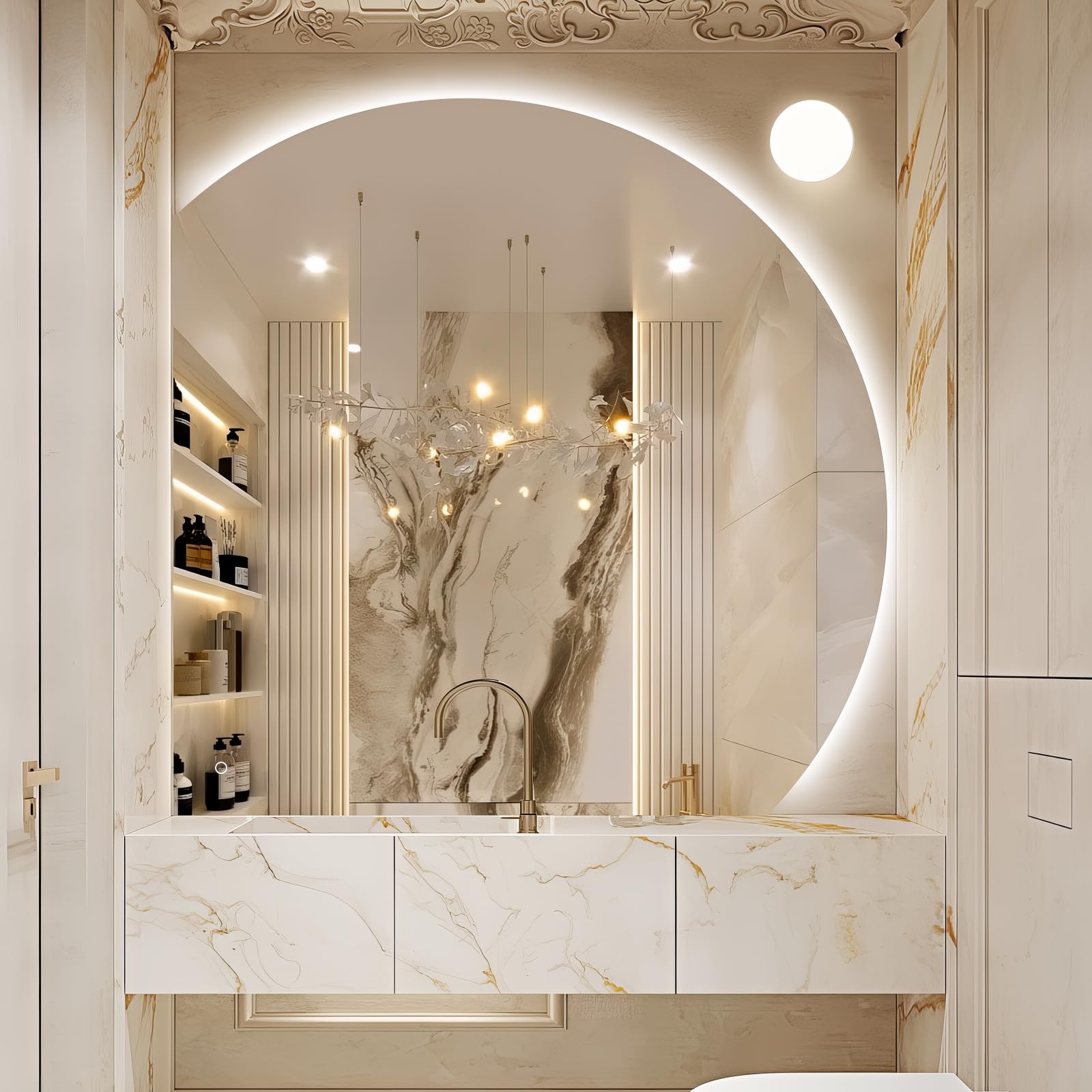 Photo 1 of Niccy 44" LED Bathroom Mirror with Lights, Half Moon Led Mirrors, Irregular Backlit Mirrors for Entryway, Anti-Fog, Dimmable, Makeup Mirror, Explosion Proof, Wall Mounted Vanity Mirrors, White Light