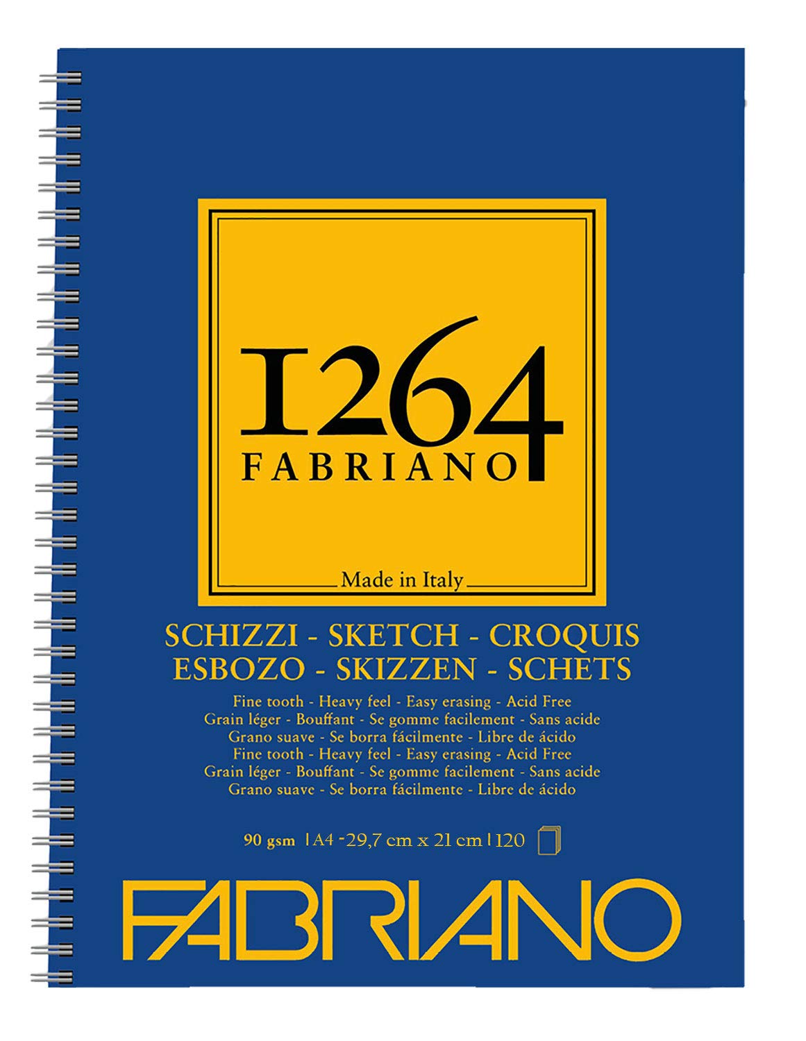 Honsell Fabriano Schizzi 19100635 Sketch Pad 1264 with Longitudinal Spiral, 90 g/m², DIN A4, 120 Sheets Ivory White, Acid Lightly Grained for All Drying Techniques