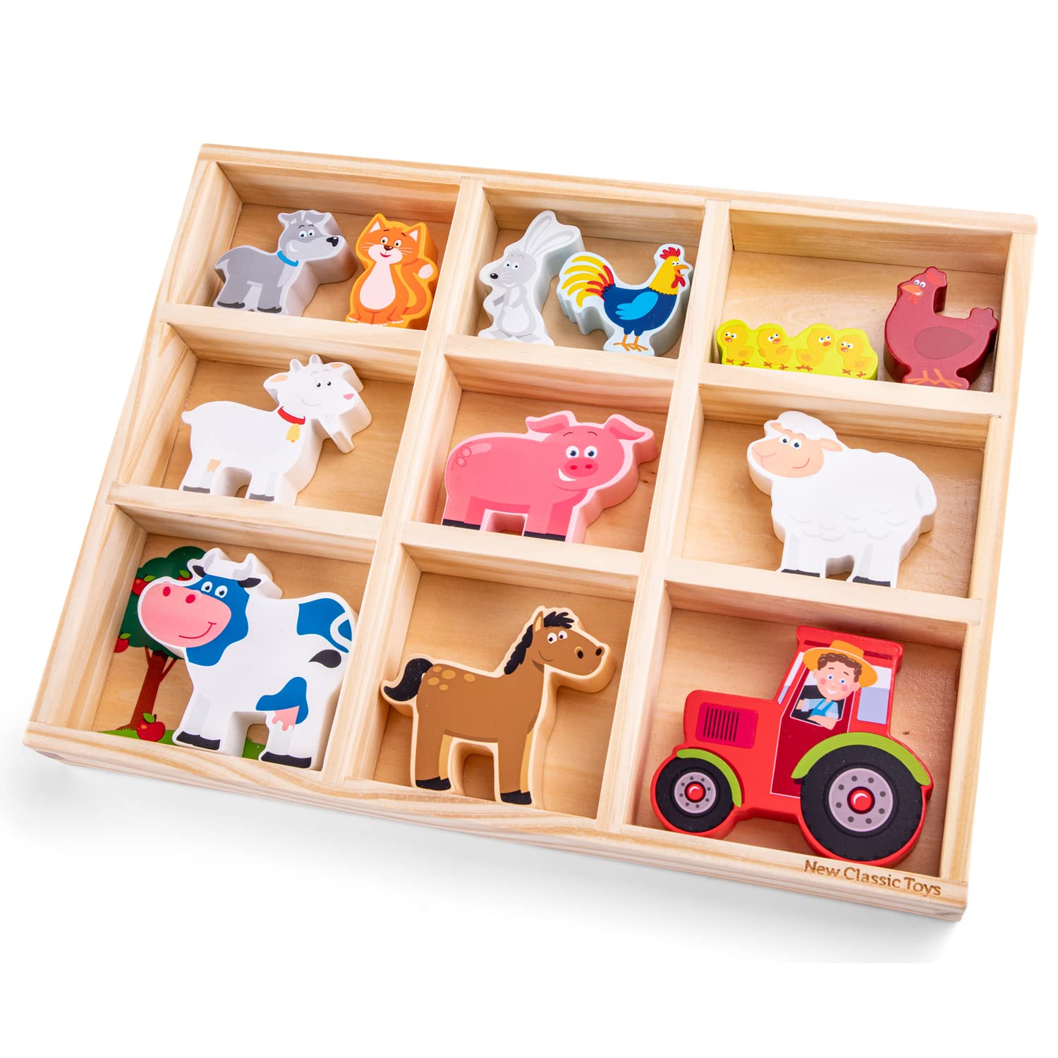 New Classic Toys Woet® Wooden Toy Farm Animals Set for Kids - 12 Pieces in Wooden Storage Box - Small World Play Figures - Pretend Play Toy - Age 2 Years+