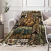 Rustic Lodge Throw Brown Blankets, Farmhouse Country Antique Bear Moose Forest Vintage Wood Decor Cozy Warm Bed Couch Blanket, Retro Wild Duck Leaves White Fleece Flannel Throws, 50X60 Inches.