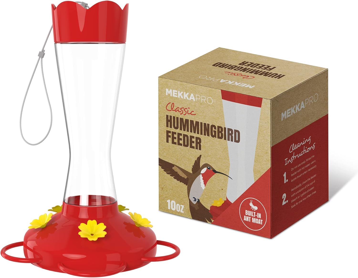 Backyard Birding & Wildlife - MEKKAPRO Outdoor Hummingbird Feeder Made from Glass, Humming Bird Feeders for Outdoors Hanging Ant and Bee Proof with 5 Nectar Feeding Stations, Bright Red, Backyard Feeder (10 Ounces)