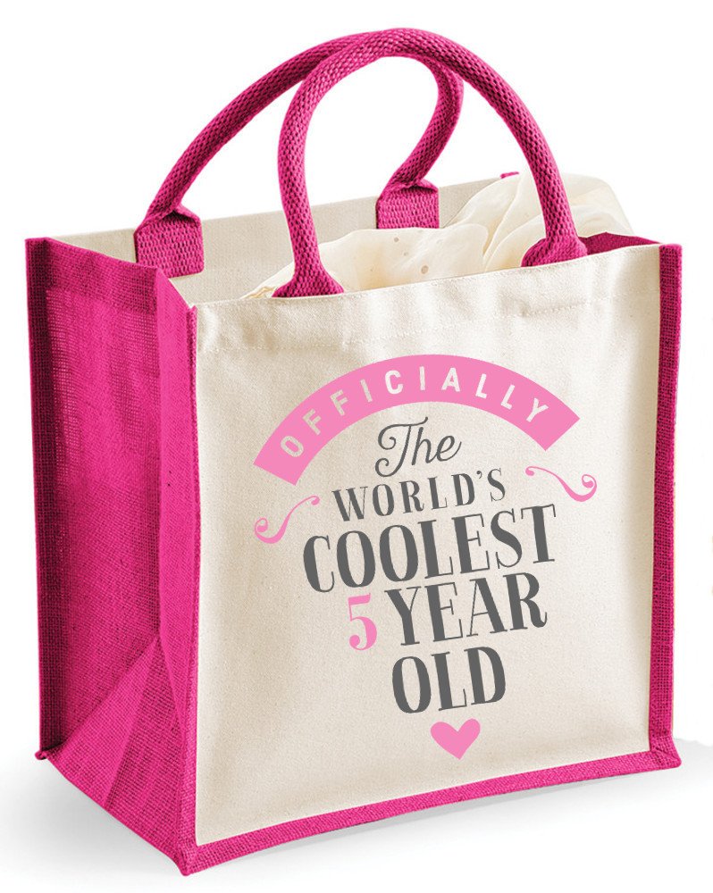5th Birthday Gift Bag 30cm x 30cm for Girls Party Bag Present Keepsake (Pink)