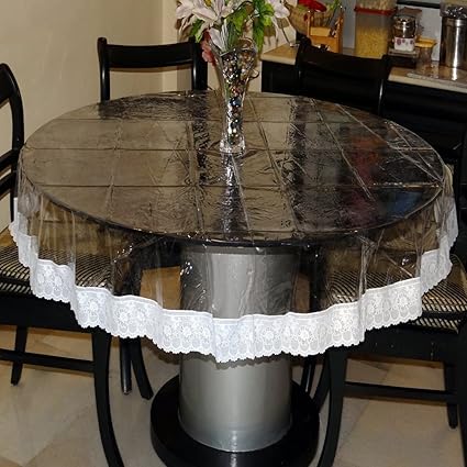 Griiham PVC 4 Seater 100 GSM Round Transparent Table Cover with Assorted Coloured Heavy Lace Border (Transparent, 60-inch)