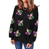 YBHUO Mardi Gras Sweatshirt for Women Sequin Graphic Crewneck Long Sleeve Casual Pullover Sweatshirts Tops