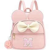PRLINJSK Initial Mini Backpack for Girls Toddler Kids, Small Mouse Personalized Bowknot Purse Gift (Pink M)