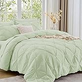 Sasttie Queen Comforter Set, 7-Piece Bed in a Bag, Pintuck Bedding Sets for All Season, Includes Comforter, Flat Sheet, Fitted Sheet, Pillowcases and Pillowshams, Mint