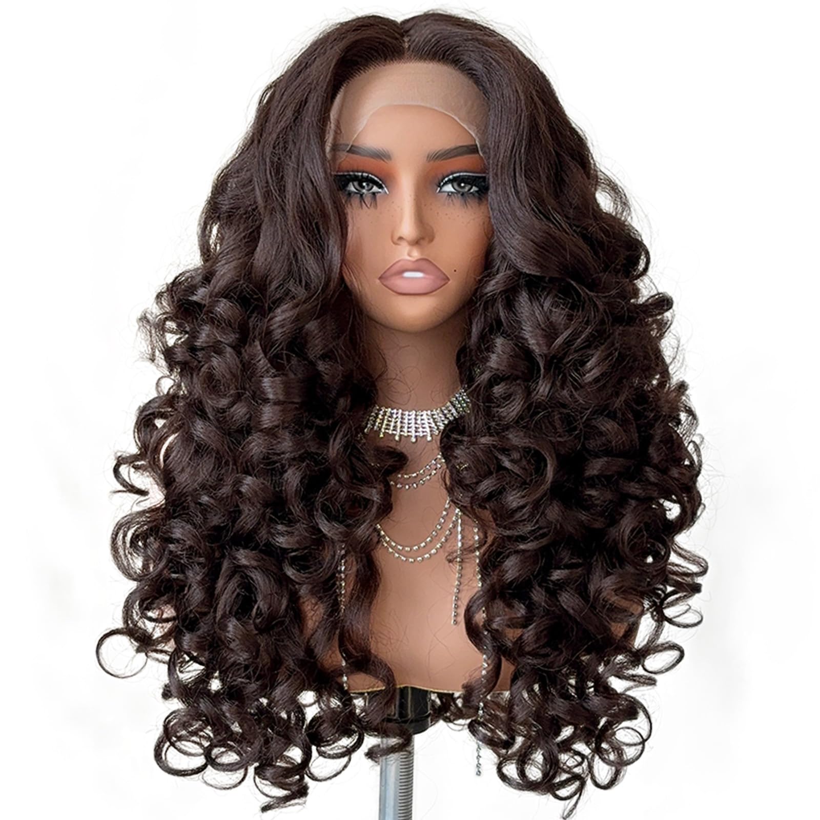 Photo 1 of UGORGEOUS Glueless Curly Lace Front Wigs for Women Pre Plucked Middle Part Closure Wig 22 Inch Pre Layered Brown Synthetic Lace Front Wigs natural 4A curls Wear And Go Long Curly Wig for Women