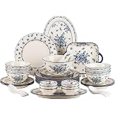 FANGJING Ceramic Dinnerware Set, Series Kavara Ⅱ, (Vintage Cobalt Blue) | 36 piece set (serving 6 people), Plates and Bowls Sets, Microwave &amp; Dishwasher Safe, Porcelain Dinnerware Set for Kitchen