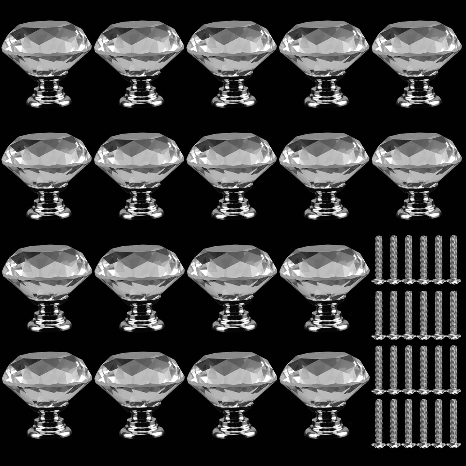 PINGEUI 18 Pack Crystal Door Drawer Handles, 30mm Drawer Handles Diamond Door Knobs with 18 Screw, Clear Glass Drawer Knobs for Home Kitchen, Office, Chest Bin, Drawer Decorating