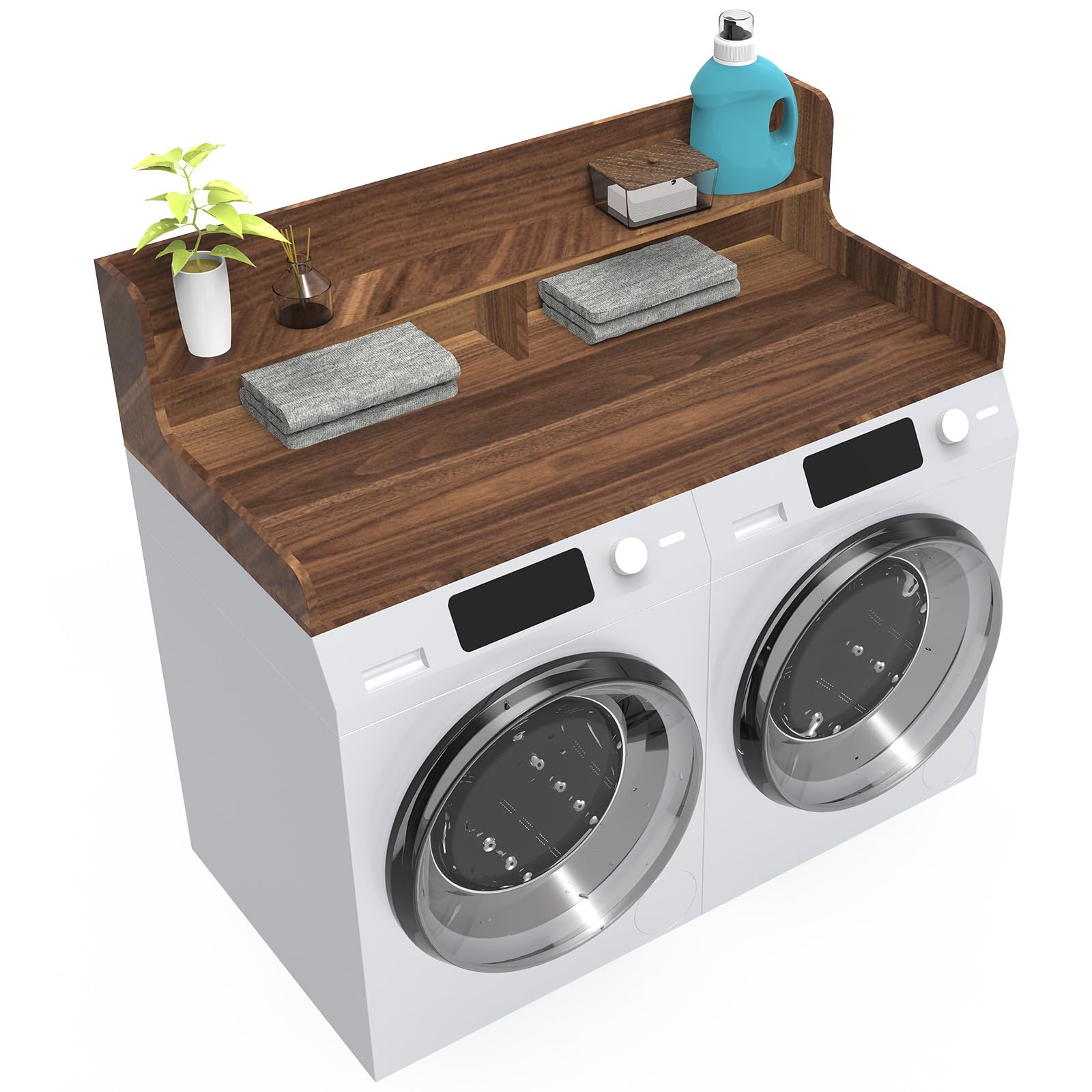 Photo 1 of 2-Tier Washer Dryer Countertop, Wood Laundry Countertop with Edge, 54" x 27.5" Top Cover for Laundry Machine, Washer and Dryer Wood Shelf Topper for Laundry Room Counter Storage Organization, Walnut