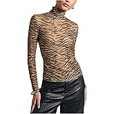 SHENHE Women's Mesh Animal Print Turtleneck Fitted Tee Long Sleeve Sexy Going Out Layering Top