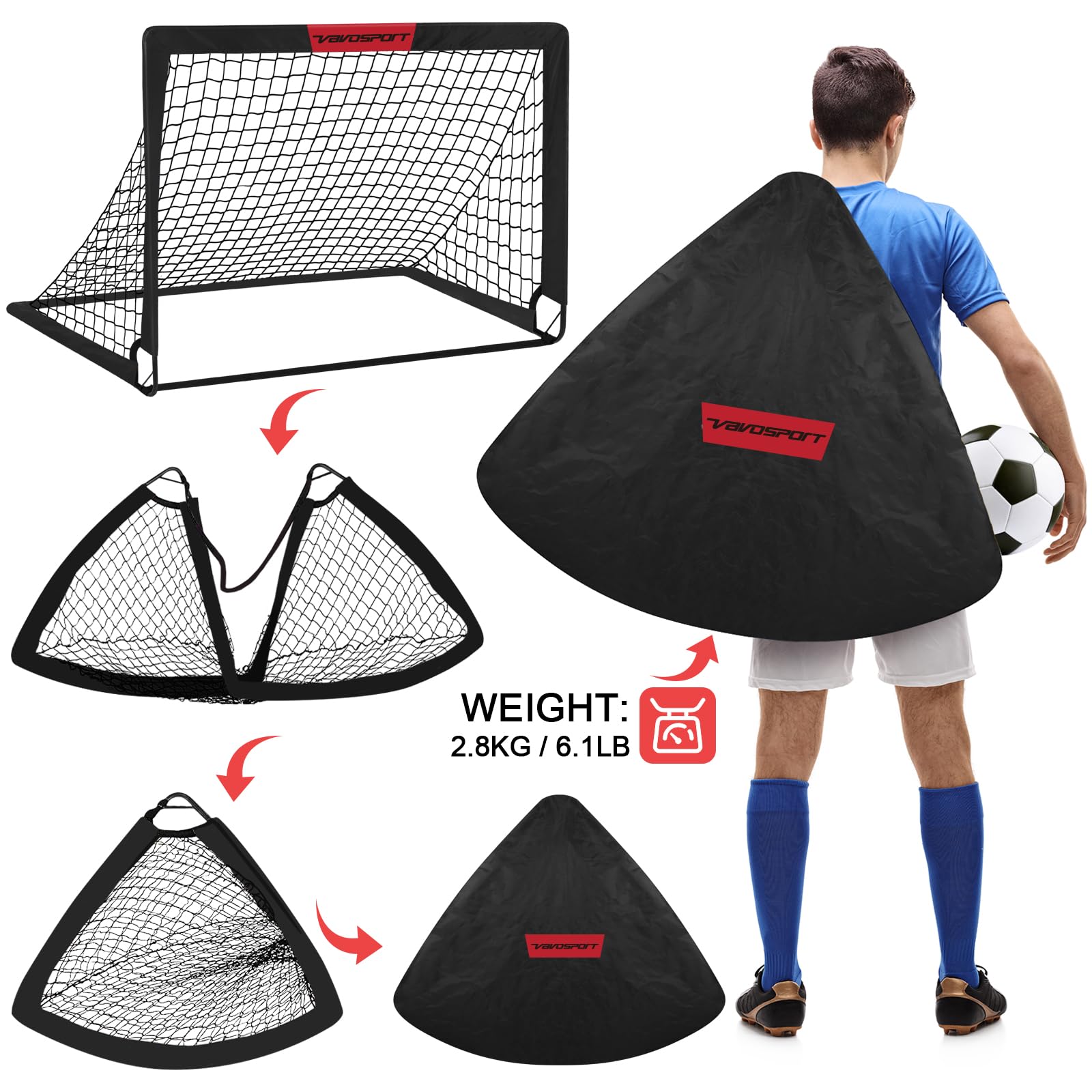 VAVOSPORT Fussballtore für Garten Kinder Tor Gate: Fußball Trainingsset mit Pop-Up 2er Set faltbar für Indoor/Outdoor Spiele für Kinder | Inklusive Fußball Größe 3 Hütchen 10 und Ballpumpe 4