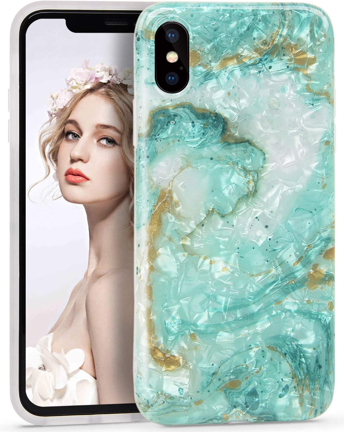 Imikoko iPhone Xs Case, iPhone X Case Shiny Shell Marble Slim Anti-Scratch Shockproof Cover Glossy Flexible TPU Clear Bumper Soft Case for iPhone X/XS (5.8 inch)(Dream Green)