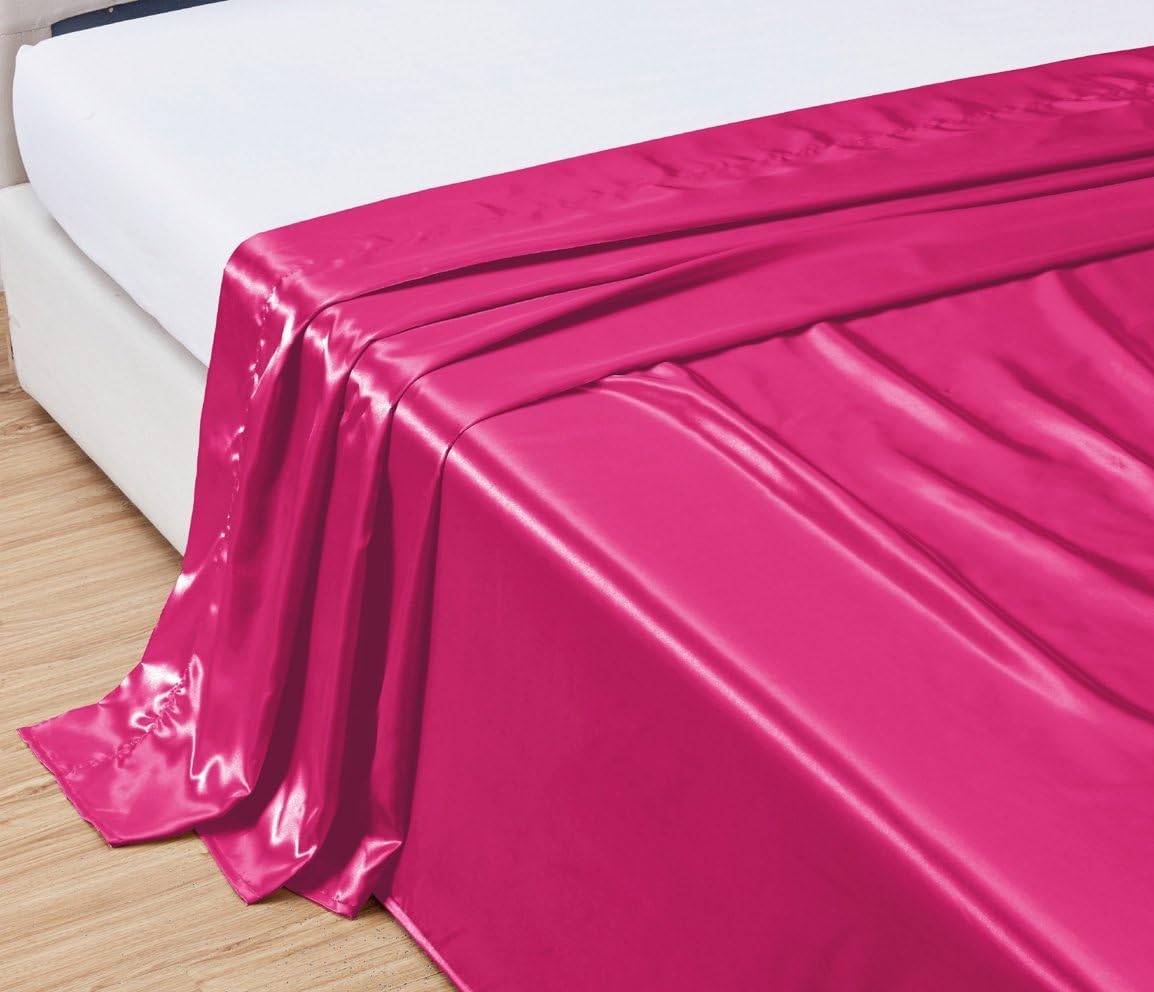 QUEEN size, Bridal SATIN Solid HOT PINK Flat Bed Sheet